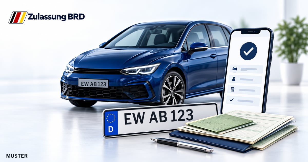 Online Fahrzeugzulassung in Ahrensfelde: Musterkennzeichen EW AB 123, Auto und Fahrzeugpapiere und Smartphone. Illustration mit Logo von Zulassung BRD.